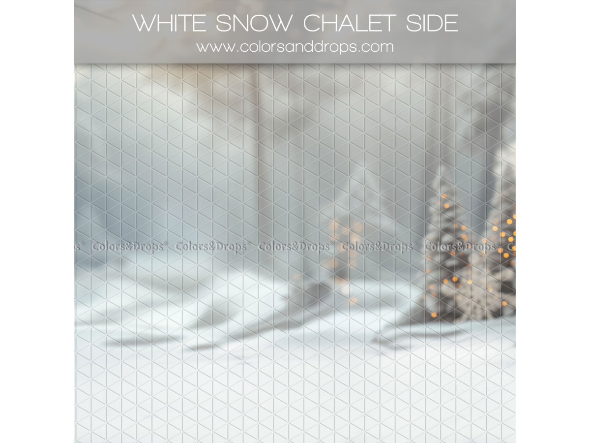 Fond photo latéral de Noël White Snow Chalet Side – paysage de neige brumeux avec sapins flous | Colors&Drops
