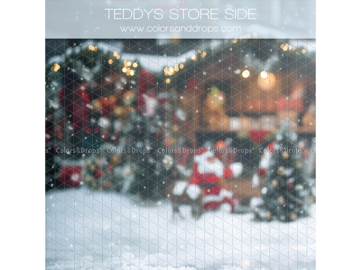 Fond photo latéral de Noël Teddys Store Side – marché de Noël enneigé flou | Colors&Drops