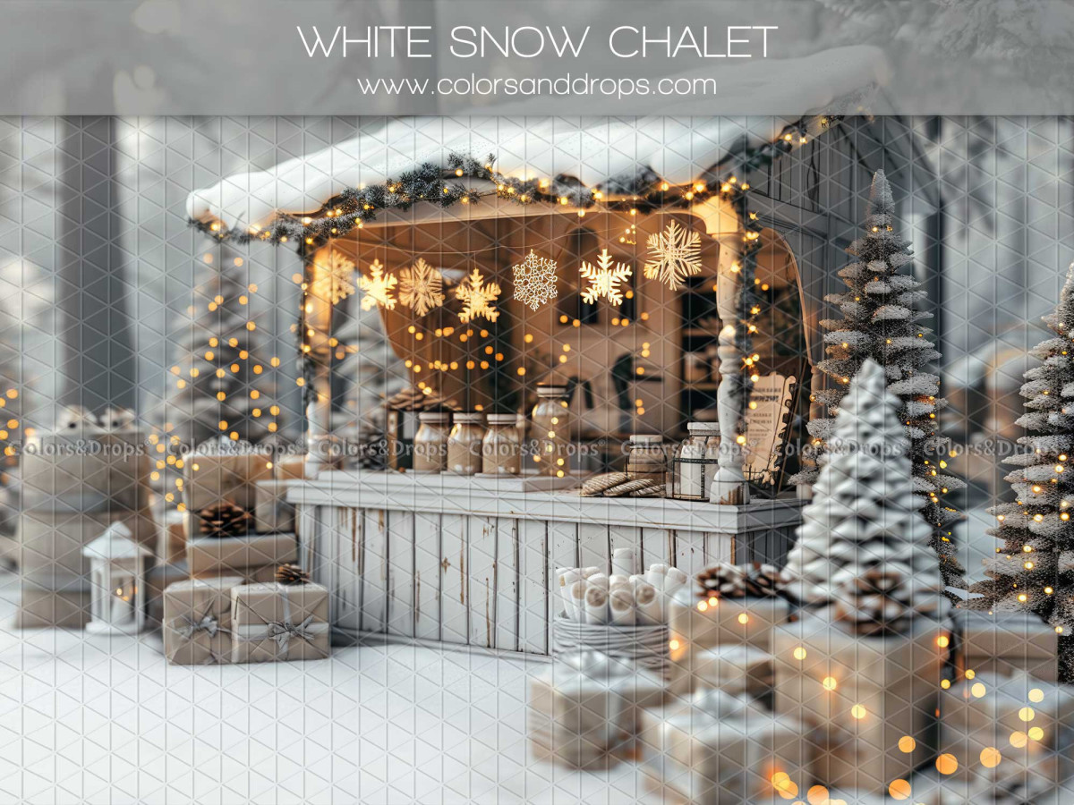 Fond photo de Noël White Snow Chalet – chalet de marché de Noël enneigé avec étoiles | Colors&Drops