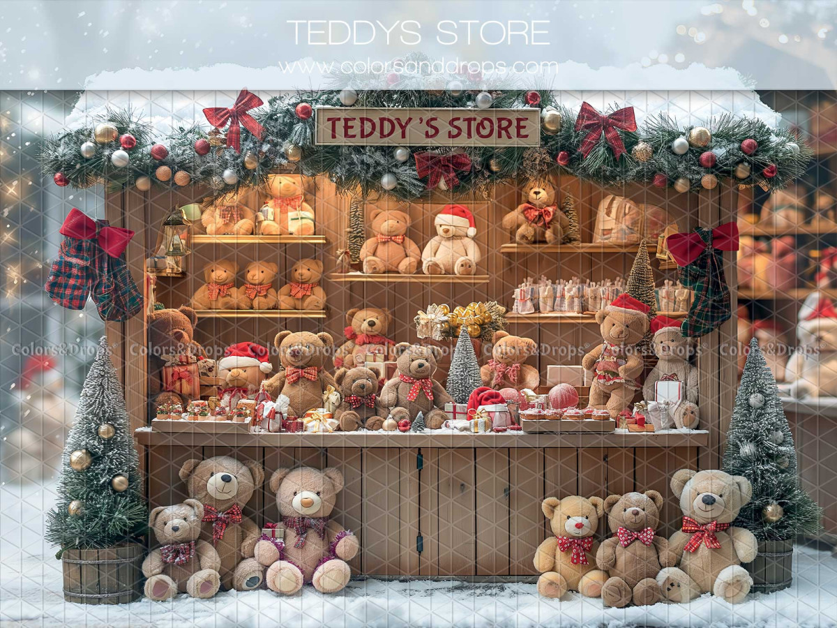 Fondo fotográfico de Navidad Teddys Store – tienda navideña de ositos de peluche | Colors&Drops