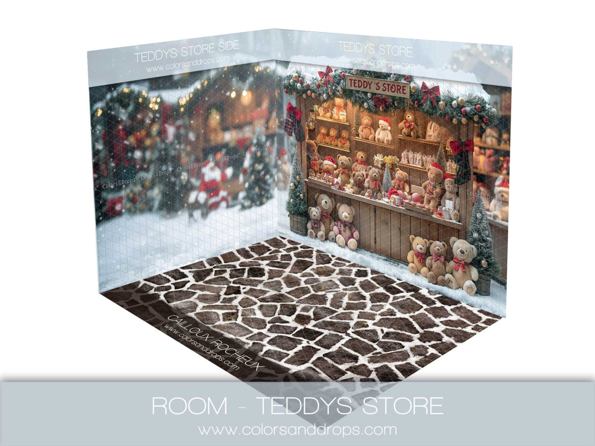 Fond photo d'angle de Noël Teddys Store – boutique d'oursons avec sol pavé | Colors&Drops