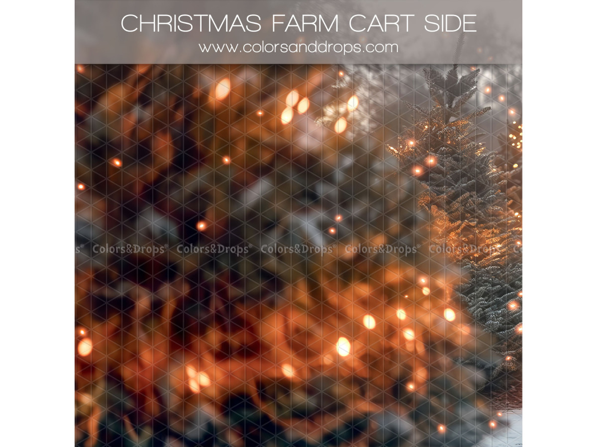 Fond photo latéral Christmas Farm Cart Side – sapins lumineux flous en bokeh | Colors&Drops