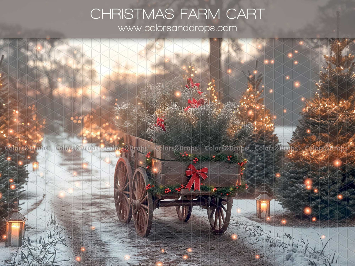 Fond photo Christmas Farm Cart – charrette de sapins sur un chemin enneigé | Colors&Drops