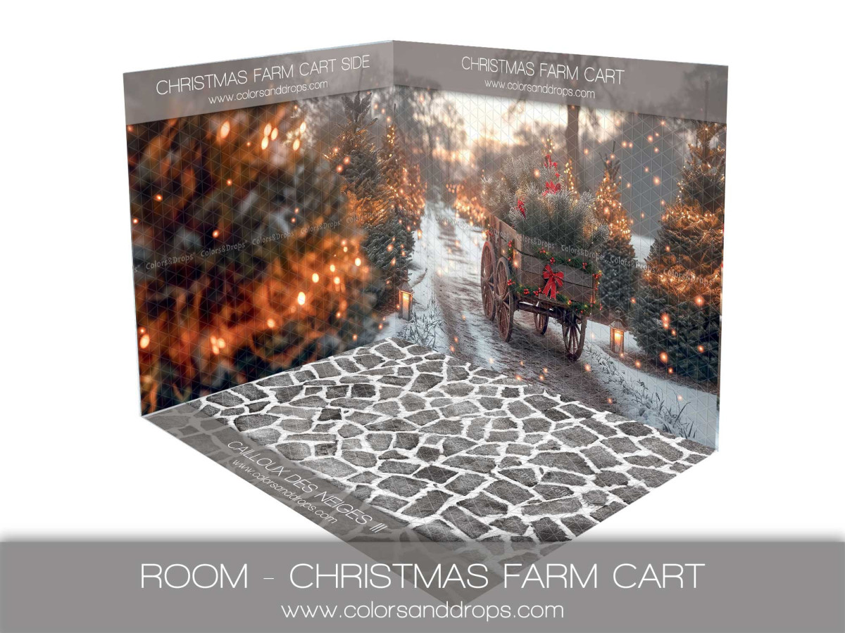 Fond photo d'angle Christmas Farm Cart – charrette de sapins avec sol pavé | Colors&Drops