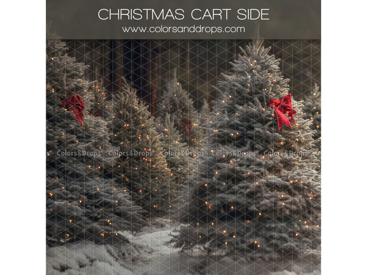 Fond photo latéral Christmas Cart Side – sapins enneigés avec nœuds rouges | Colors&Drops