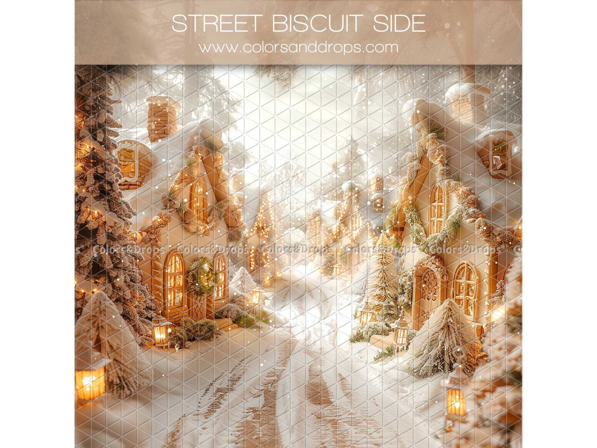 Fond photo latéral de Noël Street Biscuit Side – rue de maisons en pain d'épices enneigées | Colors&Drops