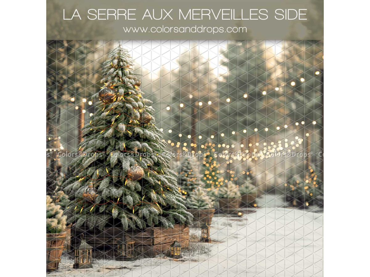 Fond photo latéral de Noël La Serre aux Merveilles Side – sapin décoré dans une allée de serre enneigée | Colors&Drops