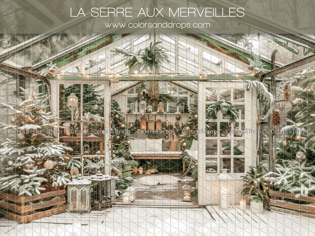 Fond photo de Noël La Serre aux Merveilles – serre vitrée enneigée avec plantes et sapins | Colors&Drops
