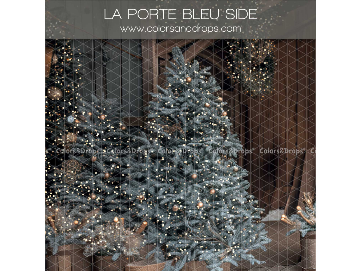 Fondo fotográfico lateral de Navidad La Porte Bleu Side – abetos escarchados iluminados ante pared de madera | Colors&Drops