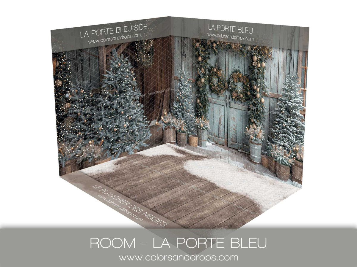 Fond photo d'angle de Noël La Porte Bleu – porte bleue et sapins de Noël | Colors&Drops