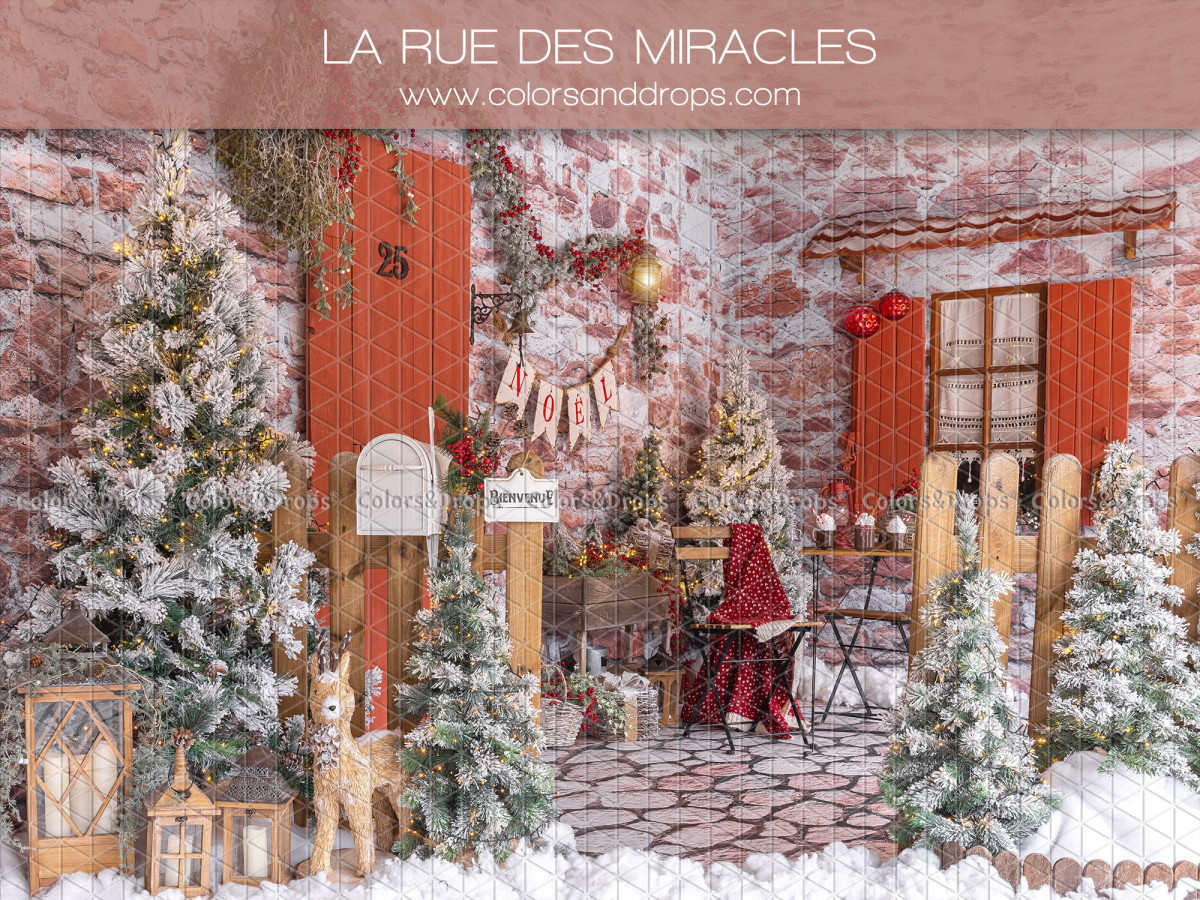 Fondo fotográfico de Navidad La Rue des Miracles – calle navideña nevada con pared de ladrillo y contraventanas | Colors&Drops