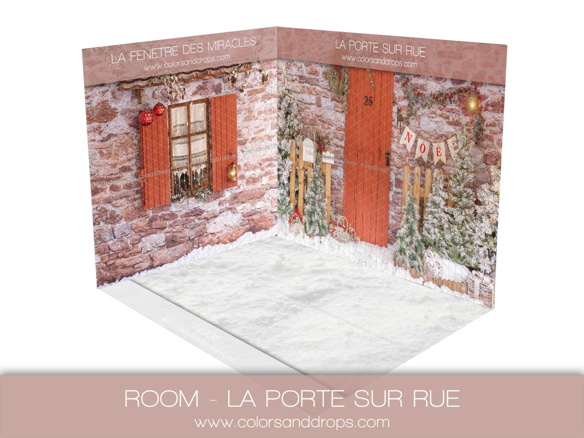 Fond photo d'angle de Noël La Porte sur Rue – porte et mur en brique enneigés | Colors&Drops