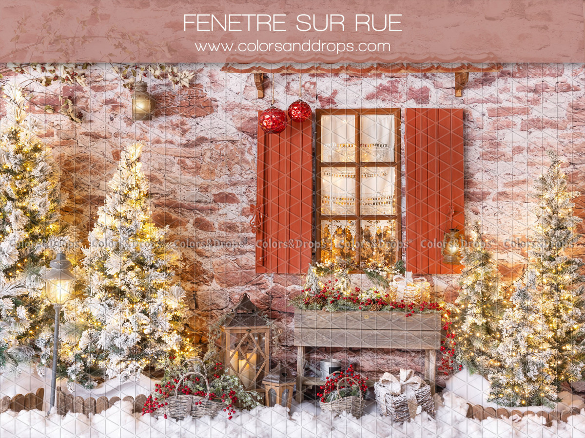 Fond photo de Noël Fenetre sur Rue – fenêtre aux volets rouges avec sapins lumineux | Colors&Drops