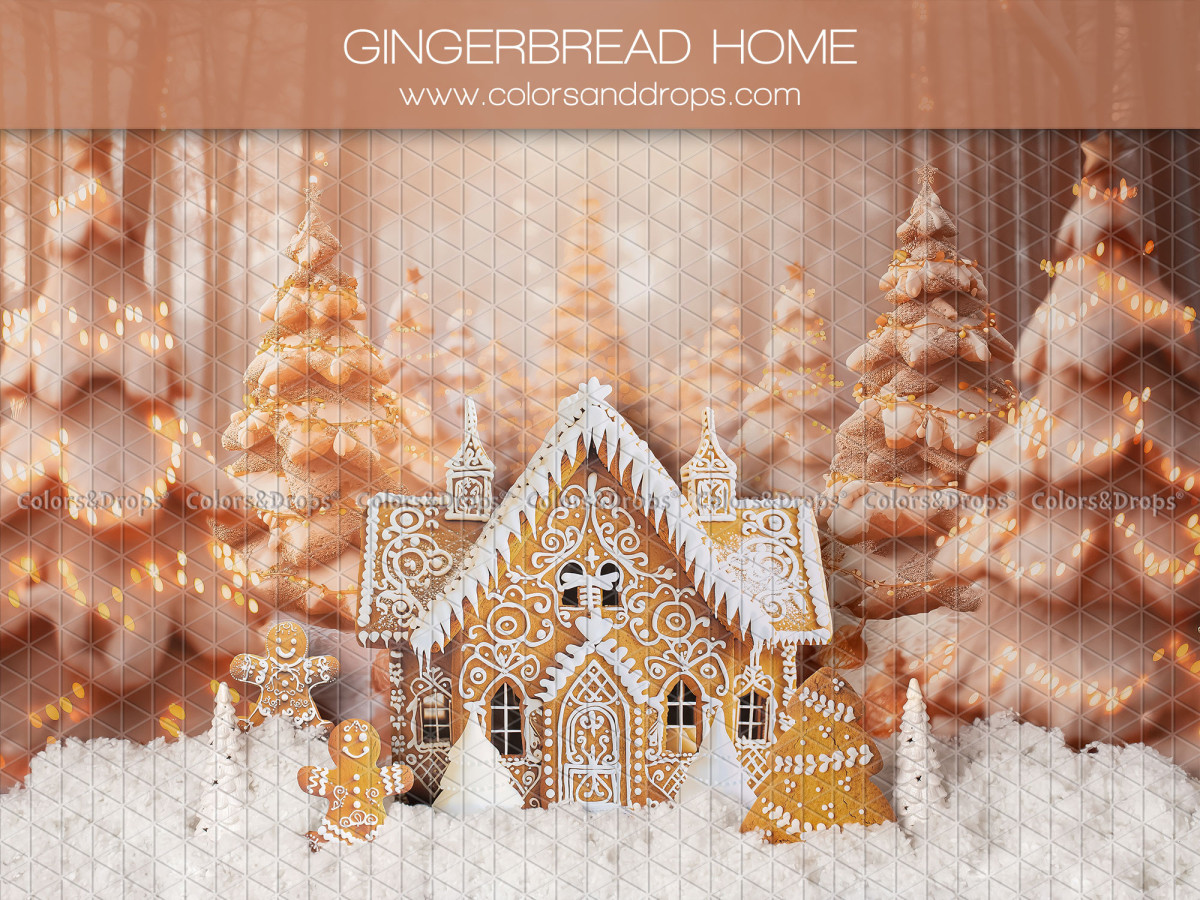 Fond photo de Noël Gingerbread Home – maison en pain d'épices dans une forêt de sapins | Colors&Drops