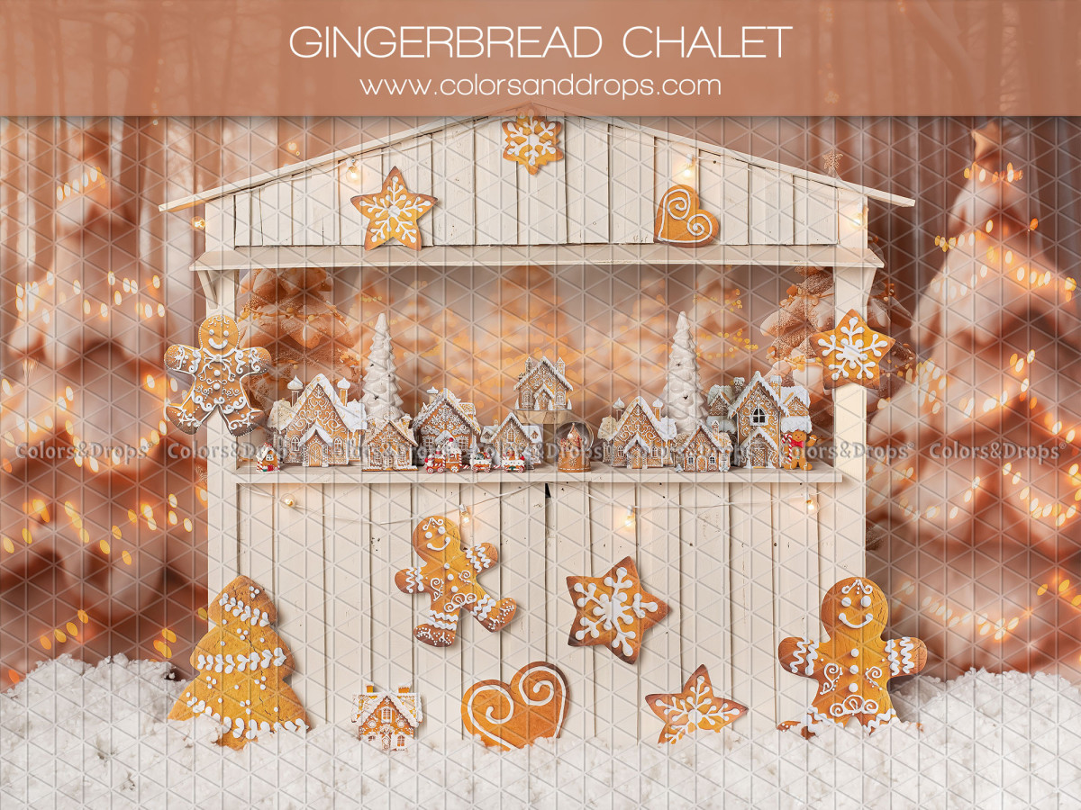 Fond photo de Noël Gingerbread Chalet – stand blanc décoré de biscuits pain d'épices | Colors&Drops