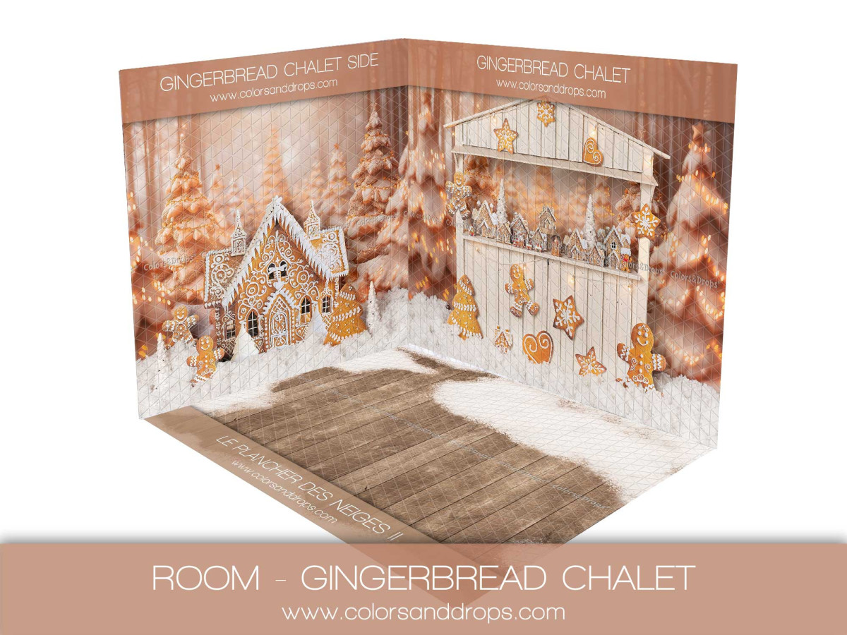 Fondo fotográfico de esquina de Navidad Gingerbread Chalet – chalet de jengibre con suelo de madera | Colors&Drops