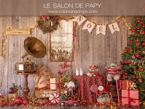 Fond photo de Noël Le Salon de Papy – salon de Noël rétro avec gramophone et sapin | Colors&Drops