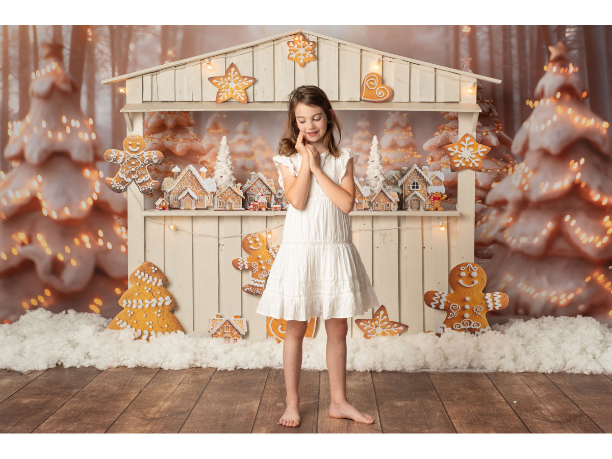 Fondo fotográfico de esquina de Navidad Gingerbread Chalet – chalet de jengibre con suelo de madera | Colors&Drops
