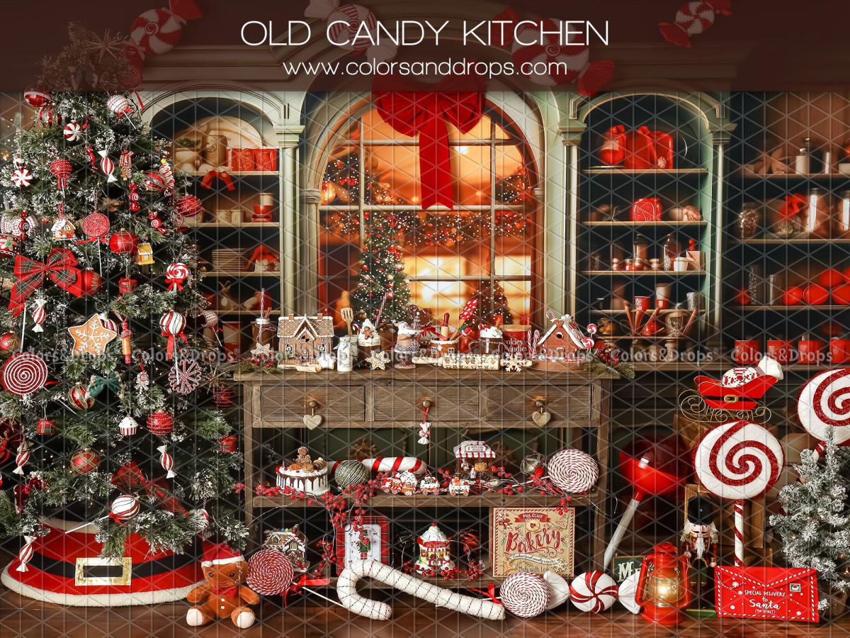 Christmas photo backdrop Old Candy Kitchen – Christmas candy kitchen with lollipops and tree | Colors&Drops