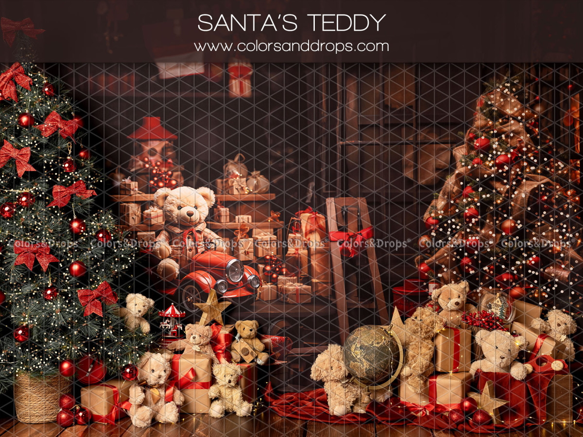 Fond photo de Noël Santas Teddy – oursons en peluche avec cadeaux et sapins de Noël | Colors&Drops
