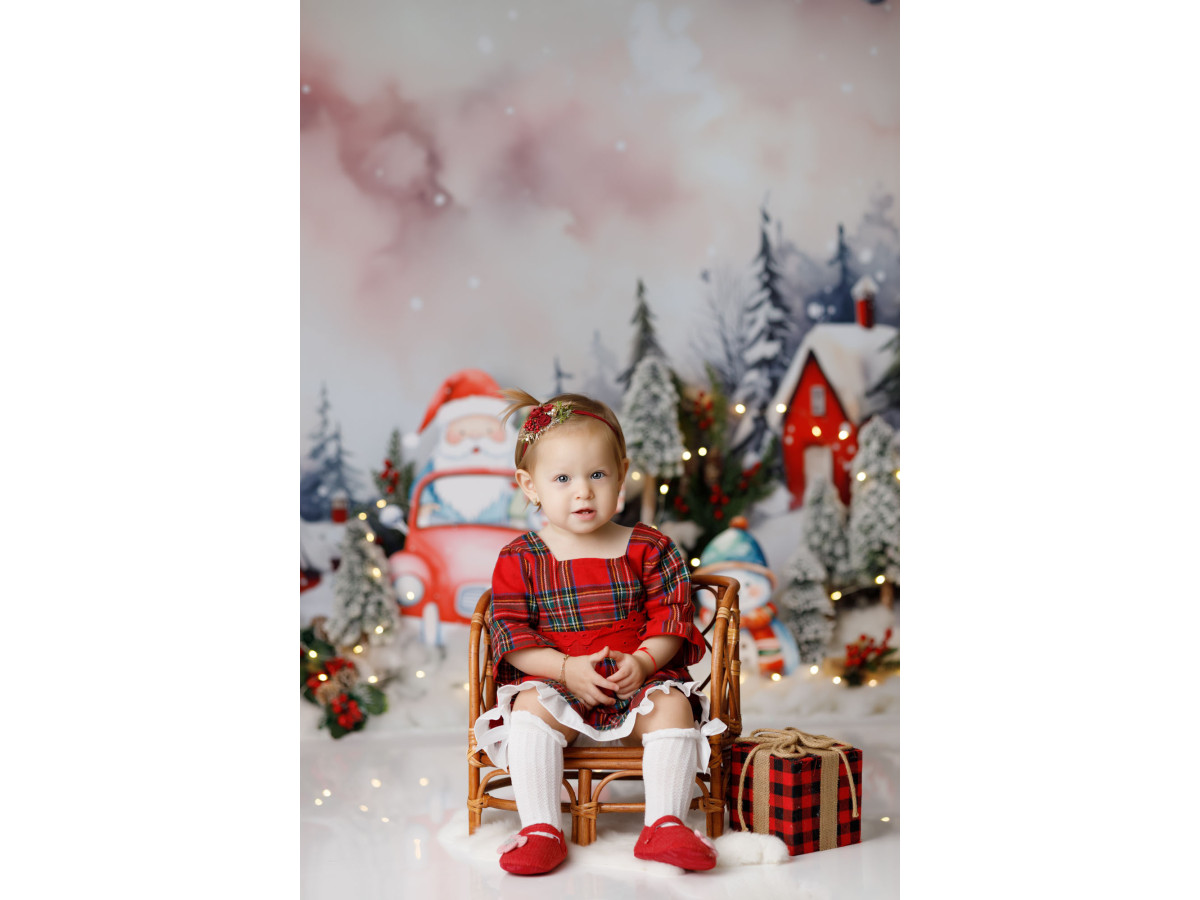 Christmas photo backdrop Tut Tut Santa – Santa's red car in a snowy village | Colors&Drops