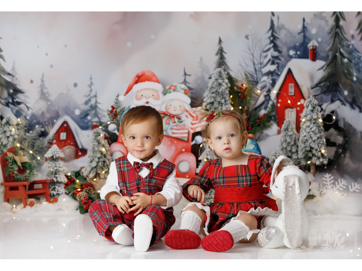 Christmas photo backdrop Tut Tut Santa – Santa's red car in a snowy village | Colors&Drops