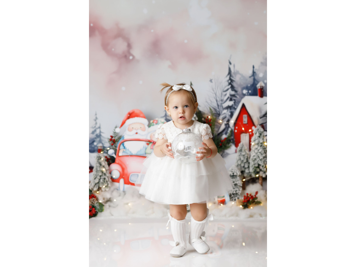 Christmas photo backdrop Tut Tut Santa – Santa's red car in a snowy village | Colors&Drops
