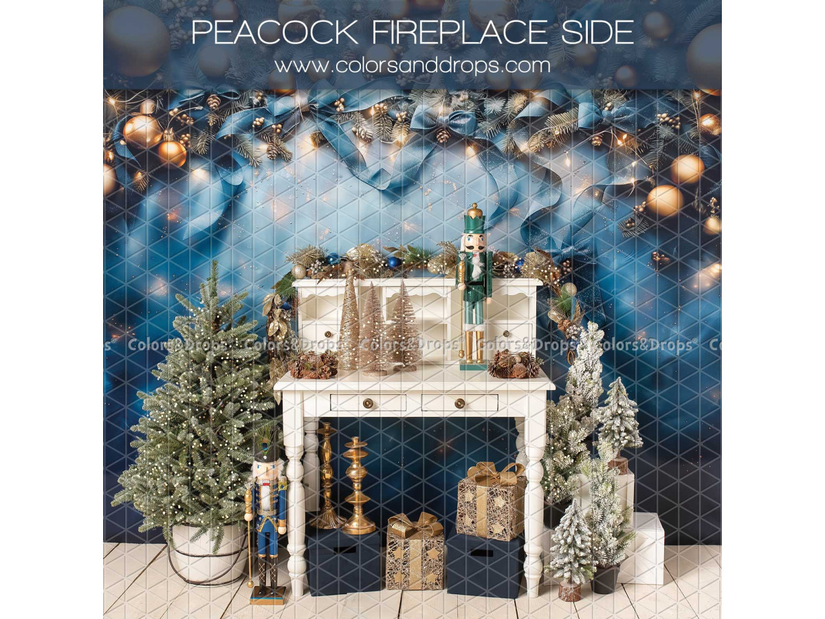 Christmas side photo backdrop Peacock Fireplace Side – white console with nutcracker on blue wall | Colors&Drops
