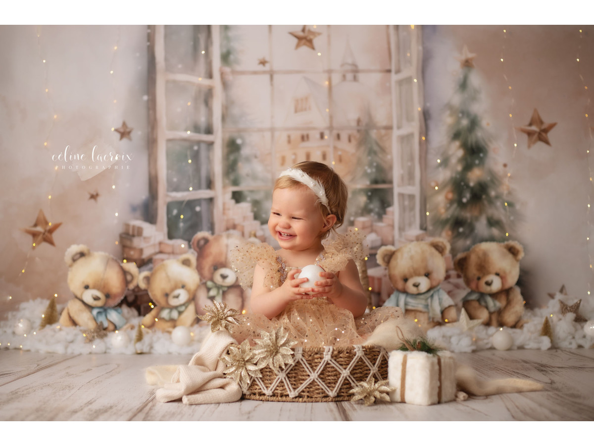Fondo fotográfico de Navidad Teddy Stars – ositos de peluche con ventana y estrellas | Colors&Drops