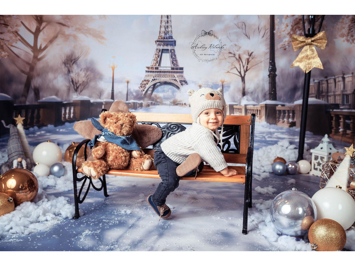Christmas photo backdrop Paris des Neiges – snowy Paris with Eiffel Tower and street lamp | Colors&Drops