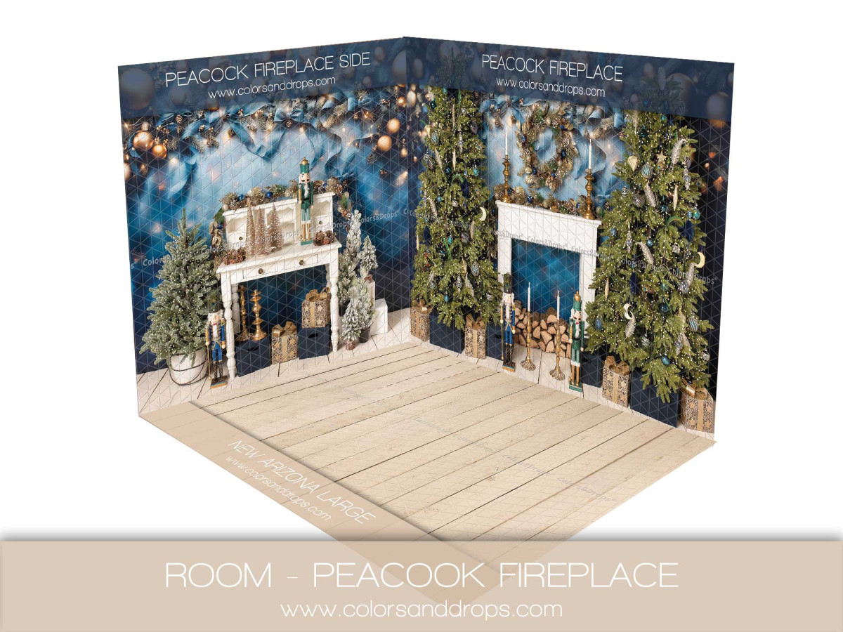 Christmas corner photo backdrop Peacock Fireplace – peacock blue fireplace with light floor | Colors&Drops