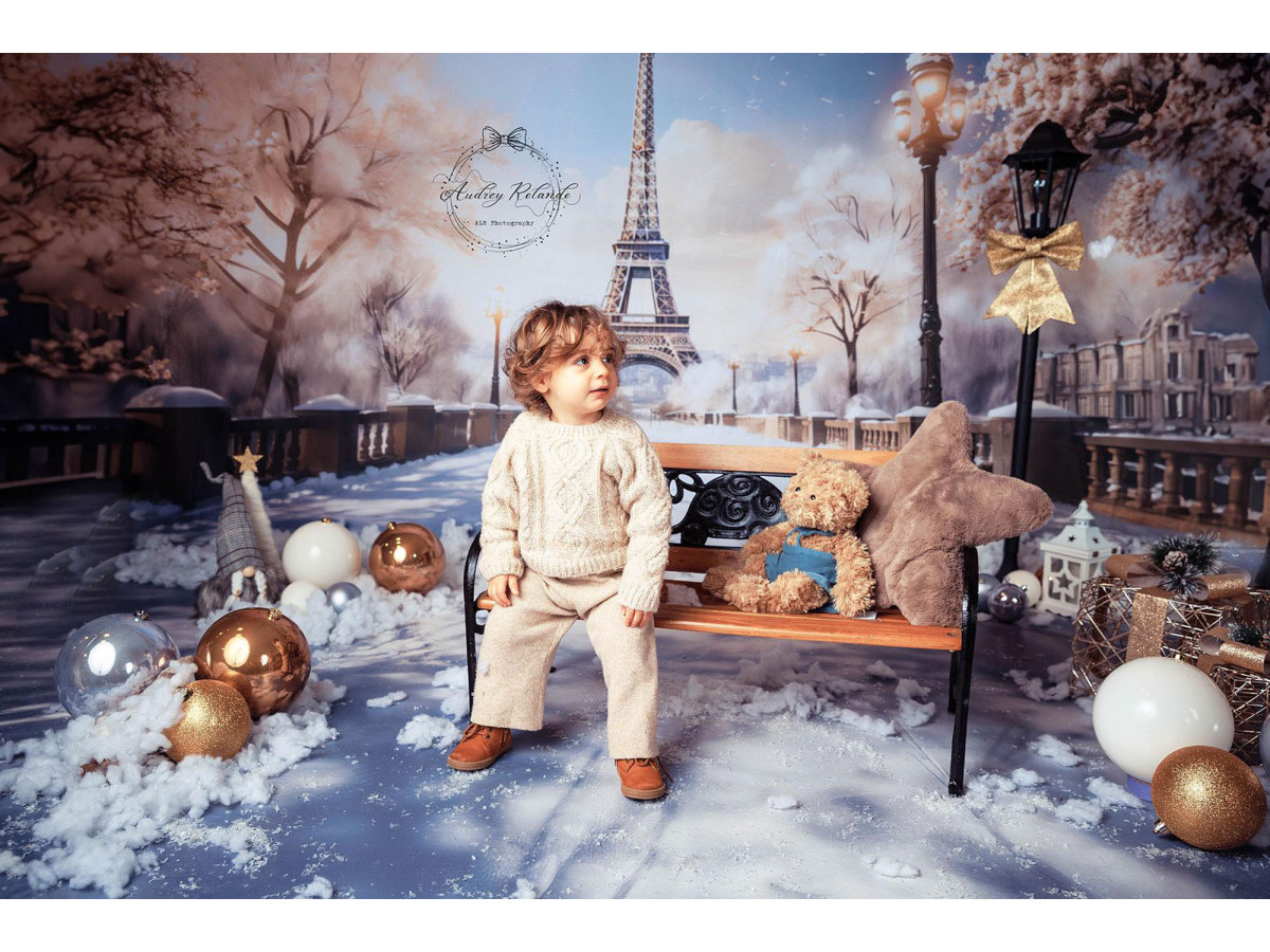Christmas photo backdrop Paris des Neiges – snowy Paris with Eiffel Tower and street lamp | Colors&Drops