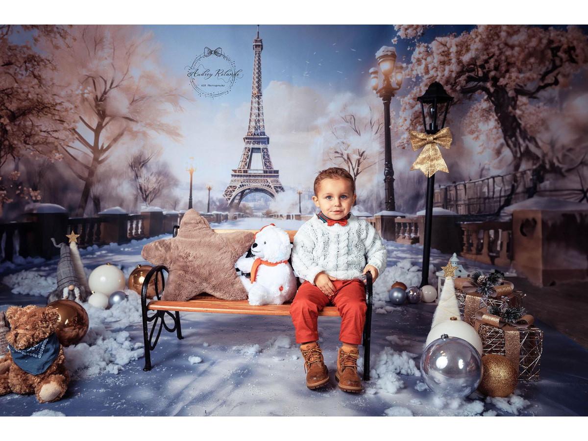 Christmas photo backdrop Paris des Neiges – snowy Paris with Eiffel Tower and street lamp | Colors&Drops