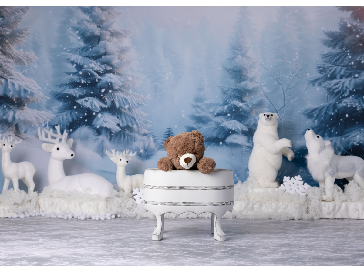 Fond photo de Noël Polar Banquise – forêt enneigée avec cerfs et ours polaires | Colors&Drops