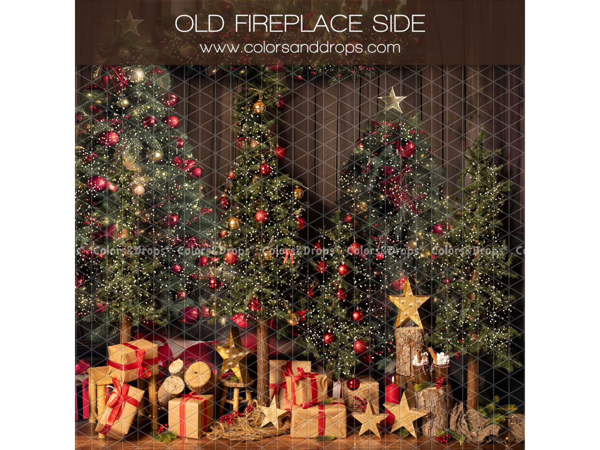 Fondo fotográfico lateral de Navidad Old Fireplace Side – árboles de Navidad con regalos y estrellas sobre madera | Colors&Drops