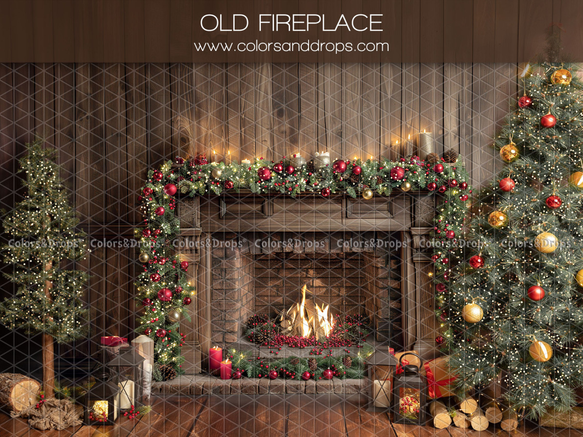 Fondo fotográfico de Navidad Old Fireplace – chimenea antigua con guirnalda y árboles de Navidad | Colors&Drops