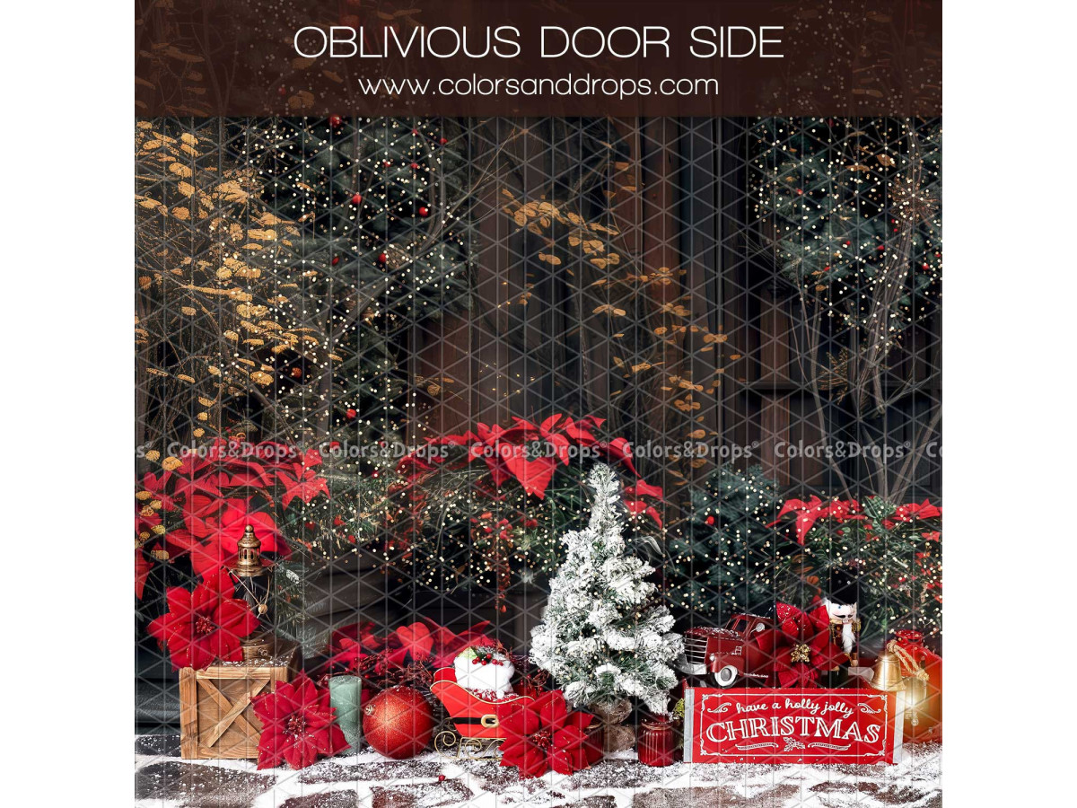 Fondo fotográfico lateral de Navidad Oblivious Door Side – flores de pascua y pequeño abeto nevado sobre fondo | Colors&Drops