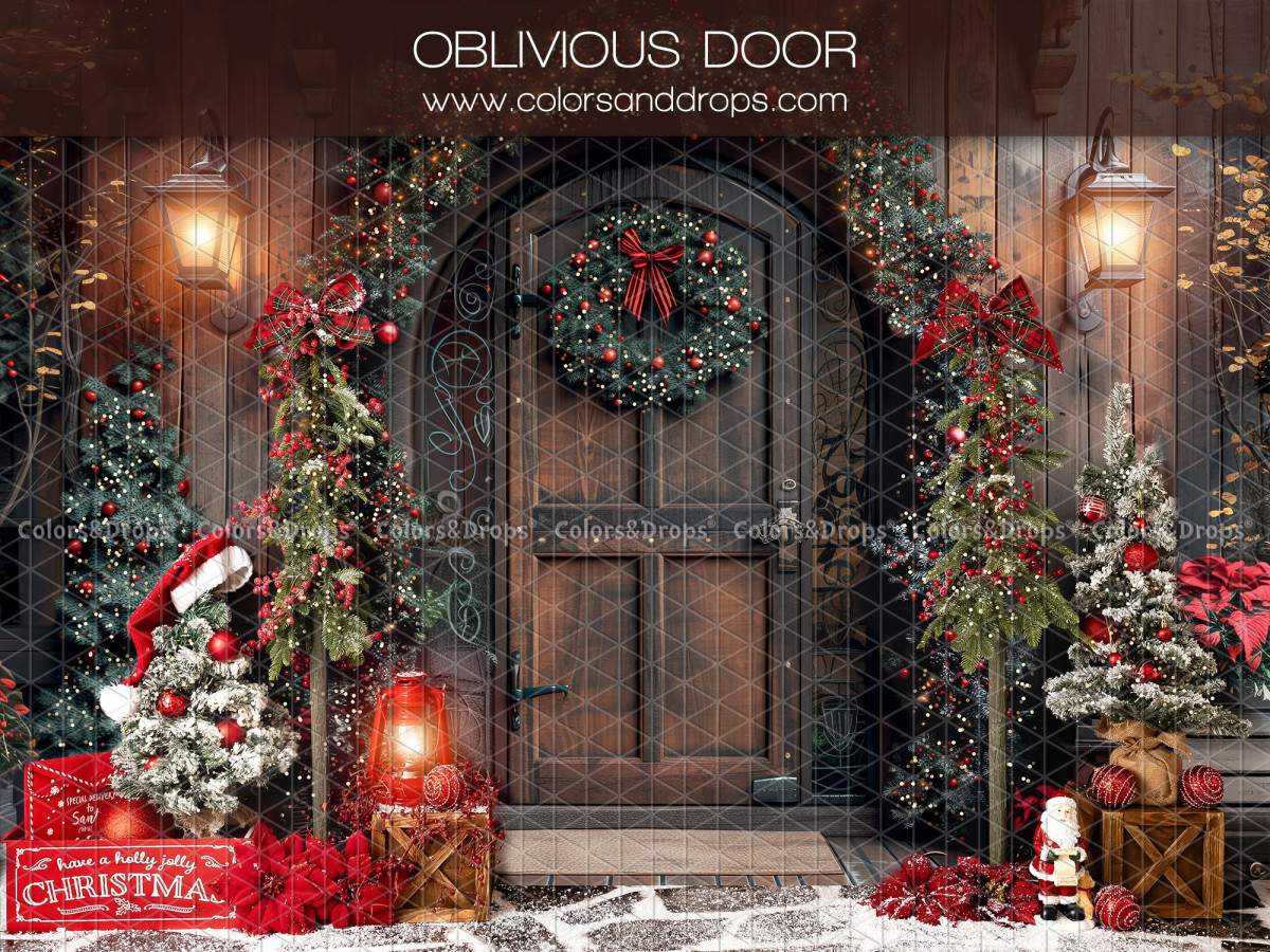Fond photo de Noël Oblivious Door – porte cintrée en bois avec couronne et poinsettias | Colors&Drops