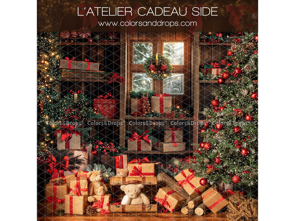 Fondo fotográfico lateral de Navidad L'Atelier Cadeau Side – taller de regalos con ventana y estanterías | Colors&Drops
