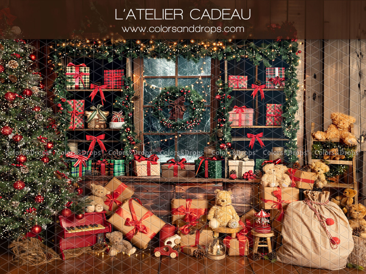 Christmas photo backdrop L'Atelier Cadeau – Christmas gift workshop with teddy bears and sack | Colors&Drops