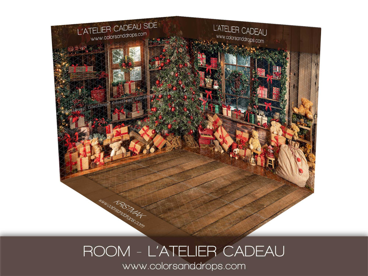Fondo fotográfico de esquina de Navidad L'Atelier Cadeau – taller de regalos con suelo de madera | Colors&Drops