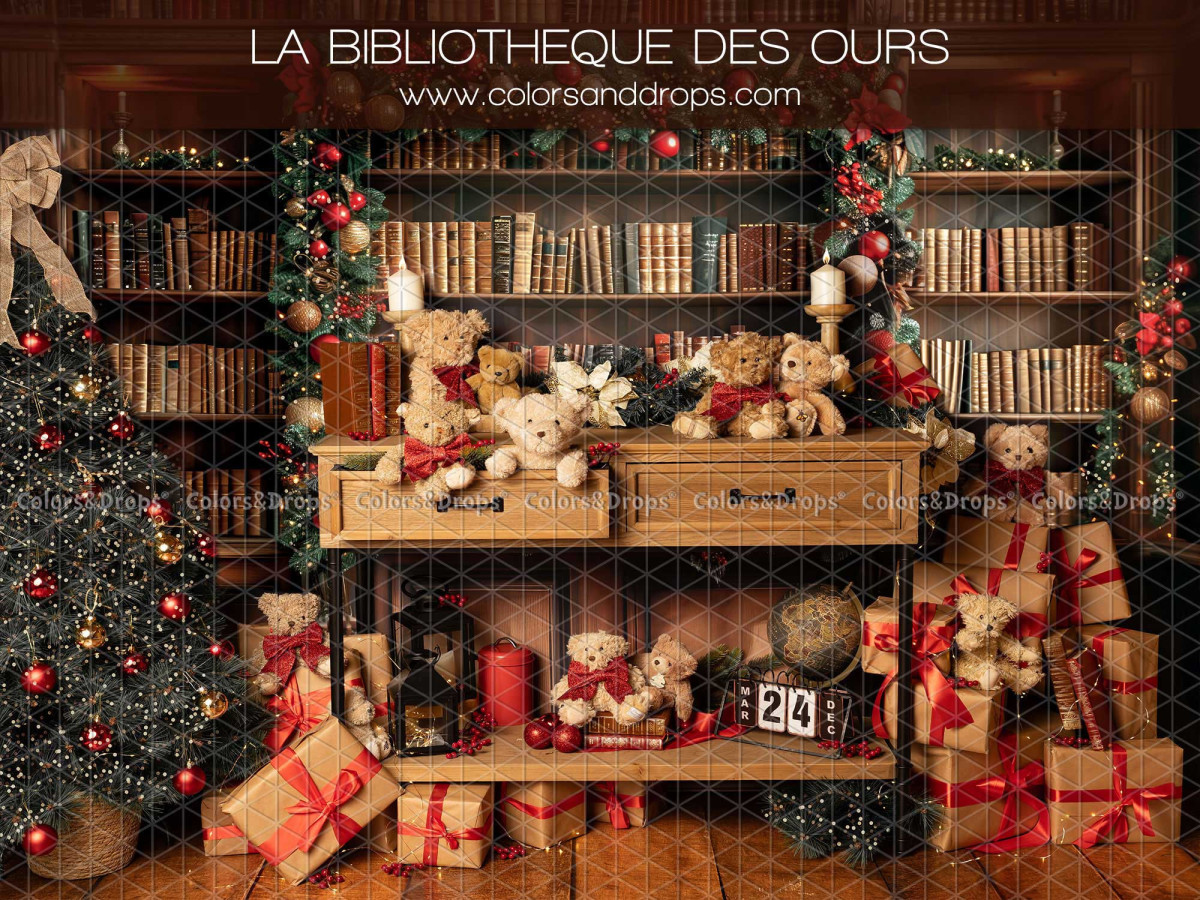 Fond photo de Noël La Bibliotheque des Ours – bibliothèque de Noël avec oursons et cadeaux | Colors&Drops