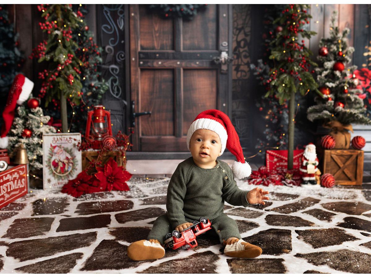 Christmas side photo backdrop Oblivious Door Side – poinsettias and small snowy tree on dark background | Colors&Drops