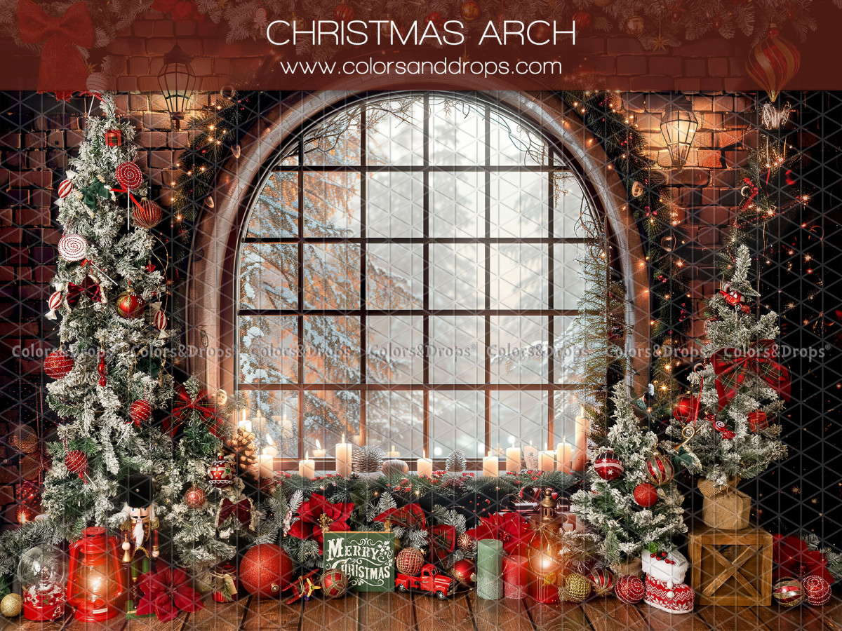 Photo backdrop Christmas Arch – large arched window with candles and Christmas trees | Colors&Drops