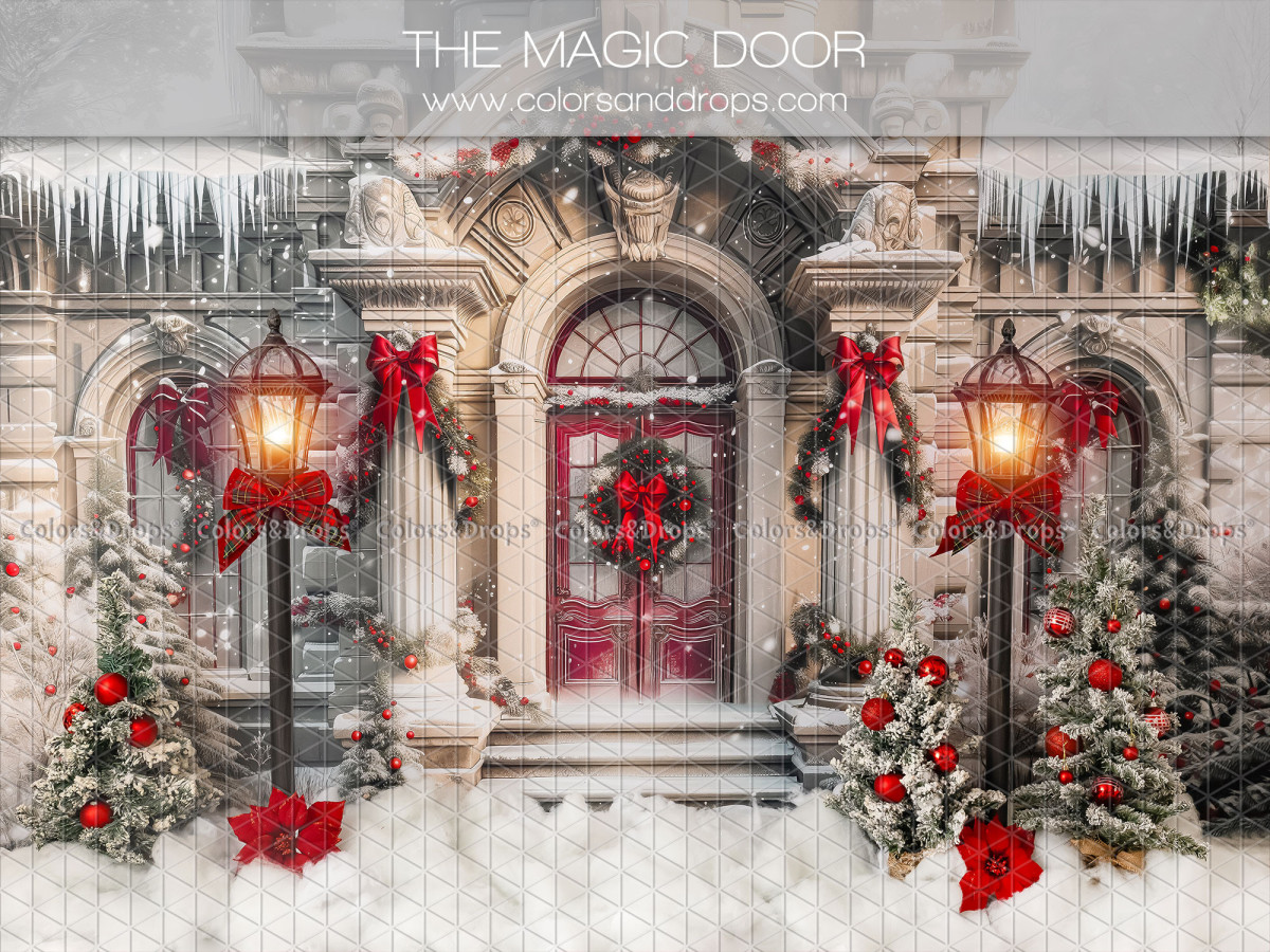 Fondo fotográfico de Navidad The Magic Door – puerta de casa nevada con farolas y lazos | Colors&Drops