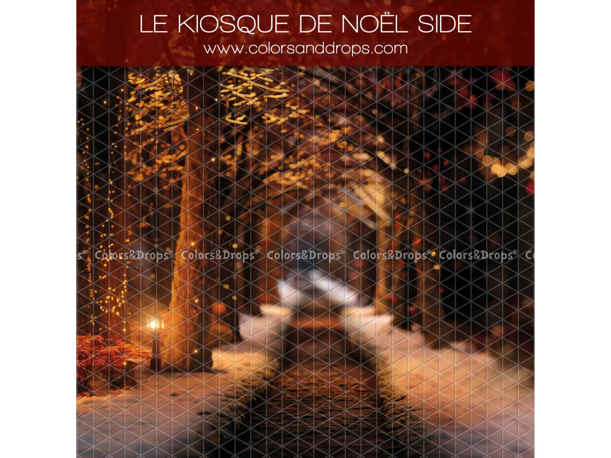 Fond photo latéral Le Kiosque de Noel Side – allée forestière enneigée illuminée la nuit | Colors&Drops