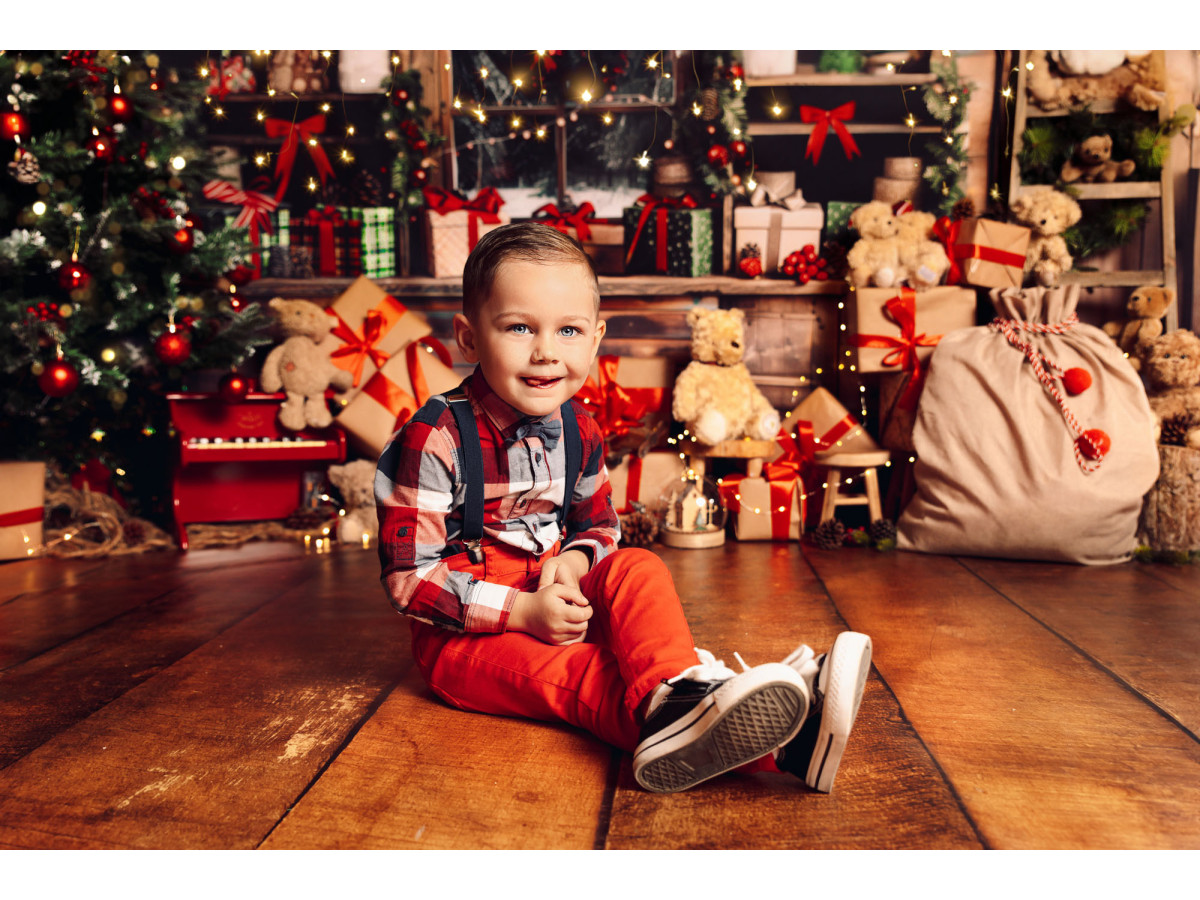 Christmas photo backdrop L'Atelier Cadeau – Christmas gift workshop with teddy bears and sack | Colors&Drops