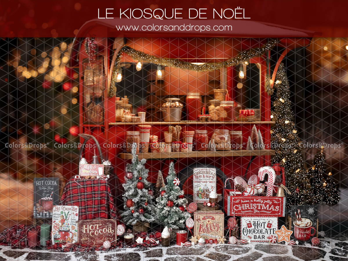 Photo backdrop Le Kiosque de Noel – red Christmas kiosk with trees and gifts | Colors&Drops