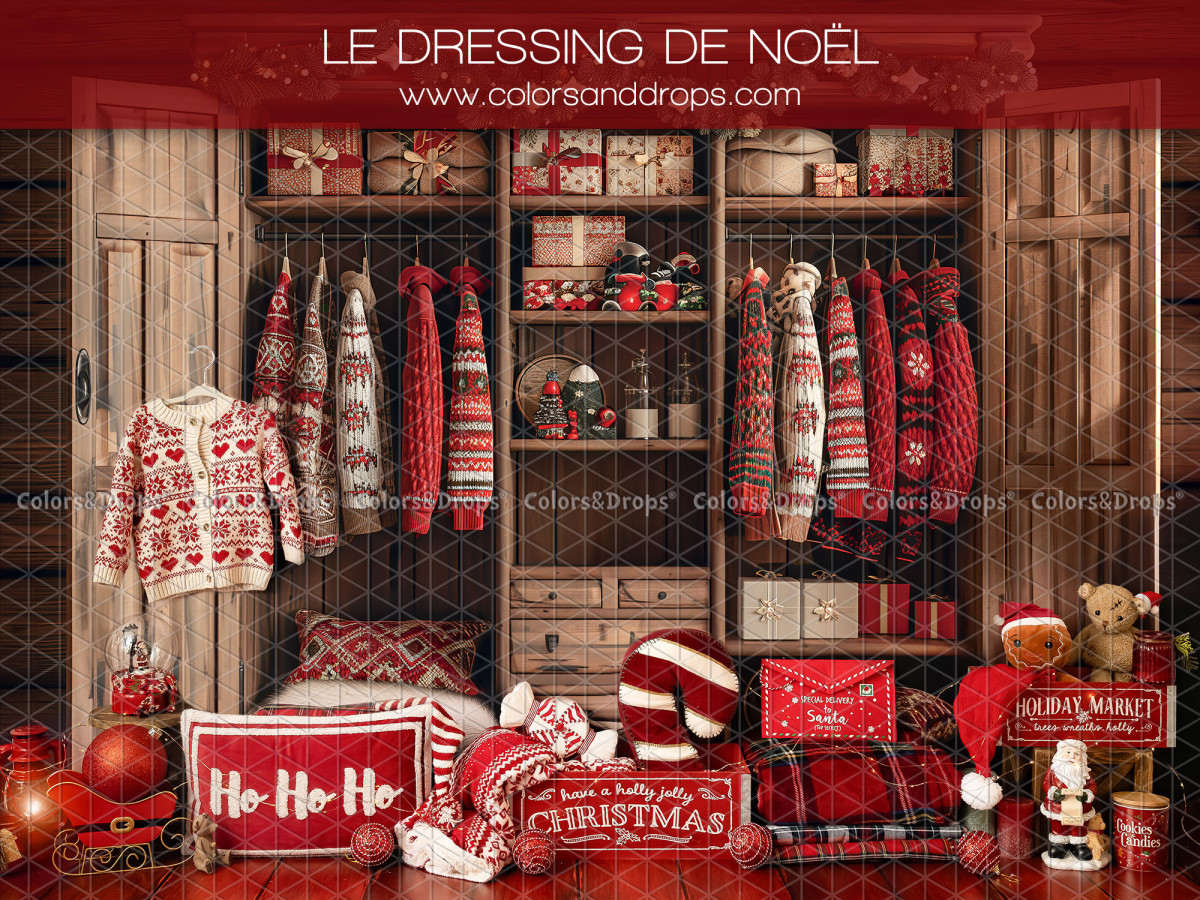 Fondo fotográfico Le Dressing de Noel – vestidor navideño con jerséis y regalos | Colors&Drops
