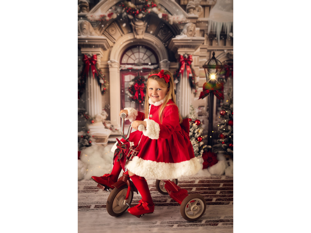 Fondo fotográfico de Navidad The Magic Door – puerta de casa nevada con farolas y lazos | Colors&Drops